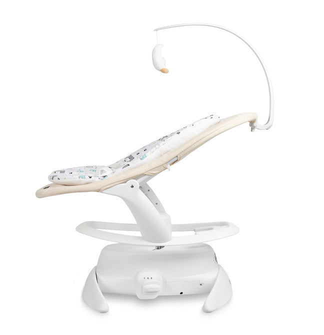 An electric baby rocker Noco featuring a bar and melodies, designed for babies and infants. The rocker have a graphite seat with a patterned fabric, white frame, and a variety of controls and accessories, such as a safety bar and sensory toy.
