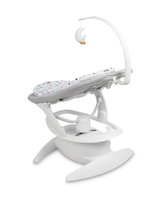 An electric baby rocker Noco featuring a bar and melodies, designed for babies and infants. The rocker have a graphite seat with a patterned fabric, white frame, and a variety of controls and accessories, such as a safety bar and sensory toy.