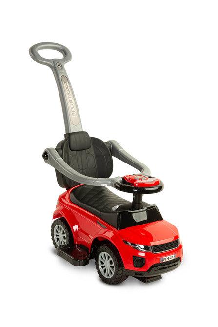 The Sport Car from Toyz is an indispensable companion for walks. Thanks to its design, it can be easily adapted to the needs of the child. It can be a pusher, a walker and a typical ride-on - just disassemble the appropriate elements. Rides have a battery-powered steering wheel with lights and sounds, and a very useful storage space under the seat. Raised rails prevent the baby from falling and block the possibility of turning the front wheels.