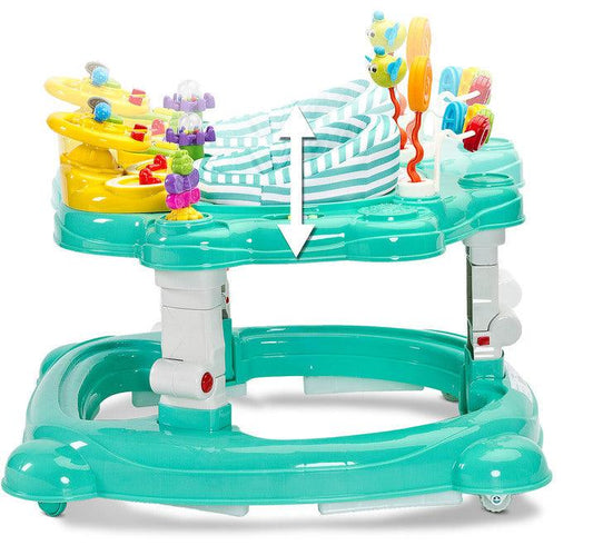 Avoided any compromise while creating the HipHop walker. It aids during the walk-learning stage, develops curiosity and provides fun again and again (thanks to the 360° rotating seat). HipHop combines 3 functions: walker, jumper and rocker. One toy and three kinds of fun. Comfortable adjustment of the seat height, solid metal frame and high quality materials will endure many years of great fun.