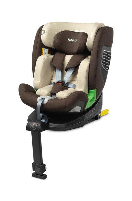 Caretero Kamptos is a swivel car seat for children from 40 cm to 150 cm tall, made in accordance with the i-Size standard. It was created with safety and comfort in mind. Children can be transported in the seat from the first months of life until the seat is no longer required, i.e. when they reach 150 cm in height. The seat is installed simply and quickly using the ISOFIX system and a stabilizing leg. The 360-degree rotatable seat ensures comfortable entry for children.