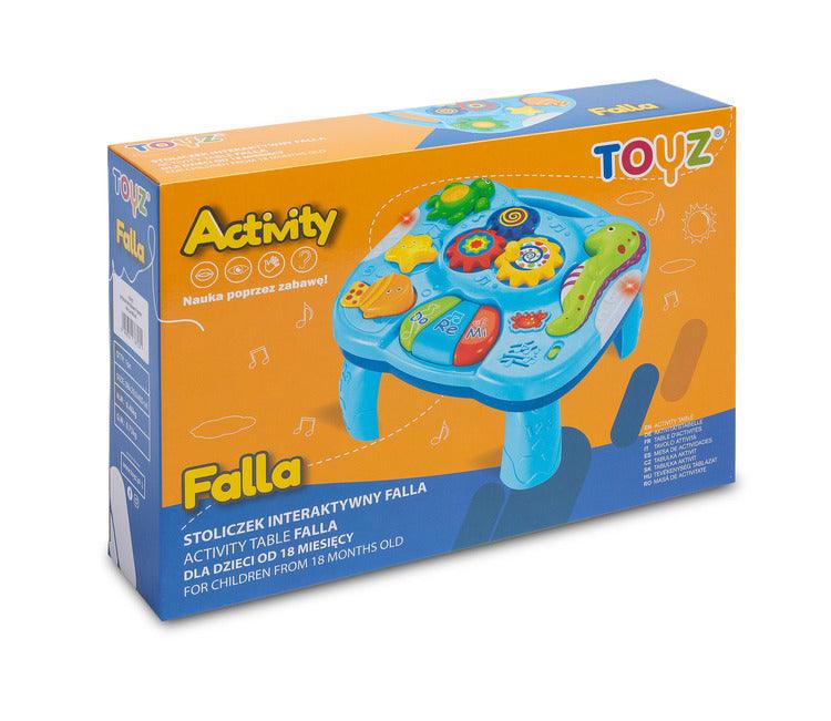 Falla interactive Toyz table, which will provide a lot of fun for little ones. The table top is equipped with a mini piano with DO RE MI keys, 3 buttons (each works differently) that turn on different melodies and a knob with gears. Vivid colors attract attention and encourage fun. The table has a 2-stage volume control. Falla allows you to detach the legs and, thanks to special straps, attach it to a cot or attach it to a bow in a pram.