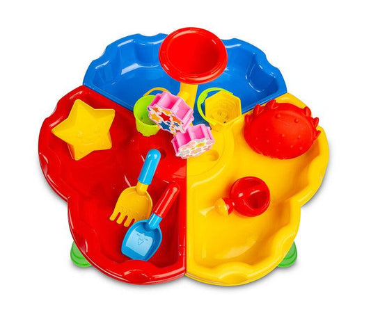 Bali is an educational table from the Toyz Actitivy series, perfect for playing at home, on the balcony or in the garden. Children can develop their curiosity about the world and play with water or sand. A rich set of accessories makes Bali absorb children for long moments. The set includes: 2 large molds (a crab and a star), a spatula and a rake, 2 buckets, a watering can and a tower with reels.