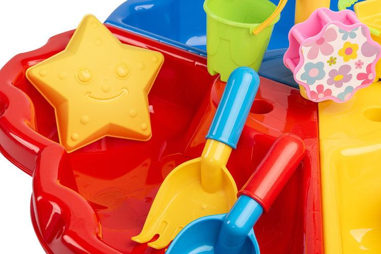 Bali is an educational table from the Toyz Actitivy series, perfect for playing at home, on the balcony or in the garden. Children can develop their curiosity about the world and play with water or sand. A rich set of accessories makes Bali absorb children for long moments. The set includes: 2 large molds (a crab and a star), a spatula and a rake, 2 buckets, a watering can and a tower with reels.