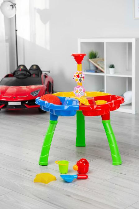 Bali is an educational table from the Toyz Actitivy series, perfect for playing at home, on the balcony or in the garden. Children can develop their curiosity about the world and play with water or sand. A rich set of accessories makes Bali absorb children for long moments. The set includes: 2 large molds (a crab and a star), a spatula and a rake, 2 buckets, a watering can and a tower with reels.