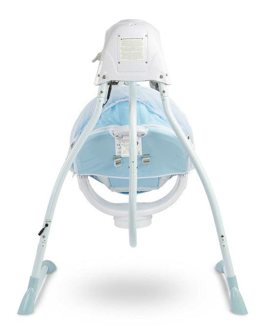 Raffi is a high-class electric swing designed for babies. A comfortable seat with a pillow allows you to use it from the first days of a baby's life. The two-stage backrest adjustment allows you to put the child in a lying or semi-reclining position. By turning the seat by 90 degrees (left or right) you can change the way of rocking (right-left to front-back. The swing has an electric carousel with lights and a removable tray for easy childcare.