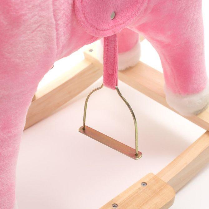 The beautiful rocking horse IS designed for children who like adventures. A comfortable saddle, halter, stirrups, wooden handles and skids will ensure comfort & safety during carefree rocking. The horse is decorated with a beautiful scarf. When you press the ears, sound of a galloping horse, wagging its tail, moving its mouth or singing a song. While playing, the baby must coordinate its movements with the horse, which stimulates its coordination, develops imagination and improves the sense of balance.