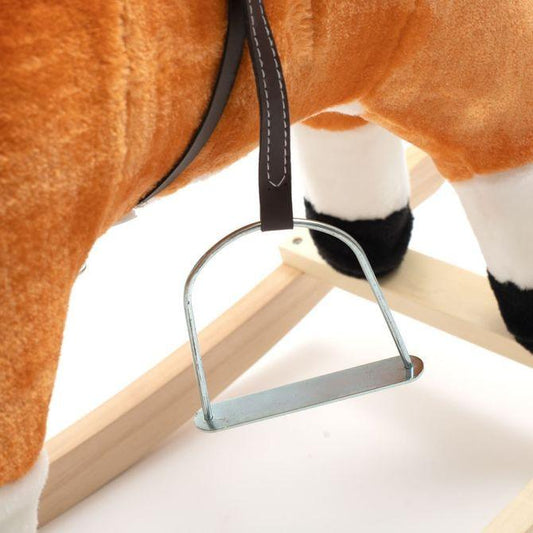 The beautiful rocking horse IS designed for children who like adventures. A comfortable saddle, halter, stirrups, wooden handles and skids will ensure comfort & safety during carefree rocking. The horse is decorated with a beautiful scarf. When you press the ears, sound of a galloping horse, wagging its tail, moving its mouth or singing a song. While playing, the baby must coordinate its movements with the horse, which stimulates its coordination, develops imagination and improves the sense of balance.