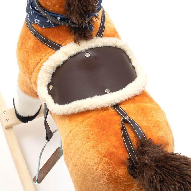 The beautiful rocking horse IS designed for children who like adventures. A comfortable saddle, halter, stirrups, wooden handles and skids will ensure comfort & safety during carefree rocking. The horse is decorated with a beautiful scarf. When you press the ears, sound of a galloping horse, wagging its tail, moving its mouth or singing a song. While playing, the baby must coordinate its movements with the horse, which stimulates its coordination, develops imagination and improves the sense of balance.