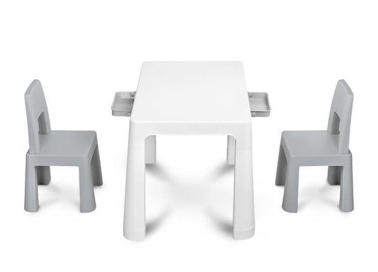 Monti is a versatile children's table with chairs. With its help, you can easily create a corner for artistic work or fun both at home and outdoors. The set is made of high-quality plastic - safe & resistant to various weather whims & wild games. The table & chairs are light, the child can carry them by himself. Thanks to the simple design, Monti can be easily assembled - just press the elements together. The table has 2 drawers that hide under the tabletop, it is also possible to lower the height by 6 cm.