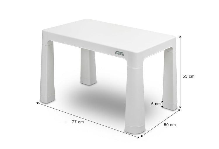 Monti is a versatile children's table with chairs. With its help, you can easily create a corner for artistic work or fun both at home and outdoors. The set is made of high-quality plastic - safe & resistant to various weather whims & wild games. The table & chairs are light, the child can carry them by himself. Thanks to the simple design, Monti can be easily assembled - just press the elements together. The table has 2 drawers that hide under the tabletop, it is also possible to lower the height by 6 cm.