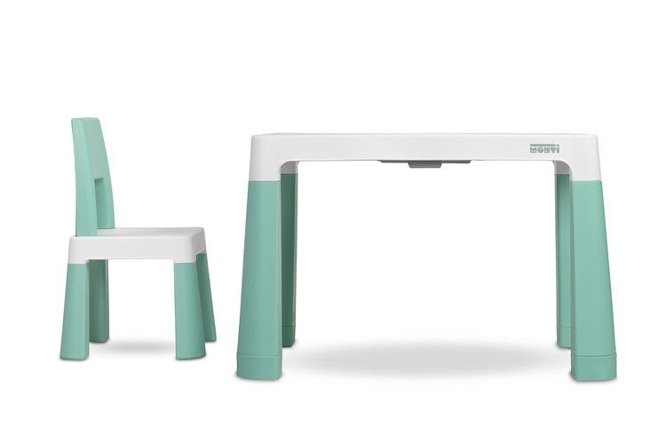 Monti is a versatile children's table with chairs. With its help, you can easily create a corner for artistic work or fun both at home and outdoors. The set is made of high-quality plastic - safe & resistant to various weather whims & wild games. The table & chairs are light, the child can carry them by himself. Thanks to the simple design, Monti can be easily assembled - just press the elements together. The table has 2 drawers that hide under the tabletop, it is also possible to lower the height by 6 cm.