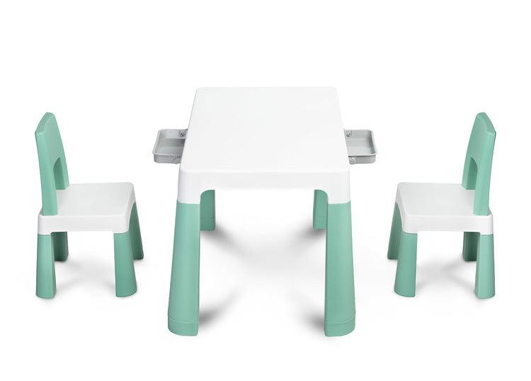 Monti is a versatile children's table with chairs. With its help, you can easily create a corner for artistic work or fun both at home and outdoors. The set is made of high-quality plastic - safe & resistant to various weather whims & wild games. The table & chairs are light, the child can carry them by himself. Thanks to the simple design, Monti can be easily assembled - just press the elements together. The table has 2 drawers that hide under the tabletop, it is also possible to lower the height by 6 cm.