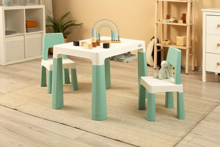 Monti is a versatile children's table with chairs. With its help, you can easily create a corner for artistic work or fun both at home and outdoors. The set is made of high-quality plastic - safe & resistant to various weather whims & wild games. The table & chairs are light, the child can carry them by himself. Thanks to the simple design, Monti can be easily assembled - just press the elements together. The table has 2 drawers that hide under the tabletop, it is also possible to lower the height by 6 cm.