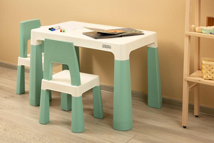 Monti is a versatile children's table with chairs. With its help, you can easily create a corner for artistic work or fun both at home and outdoors. The set is made of high-quality plastic - safe & resistant to various weather whims & wild games. The table & chairs are light, the child can carry them by himself. Thanks to the simple design, Monti can be easily assembled - just press the elements together. The table has 2 drawers that hide under the tabletop, it is also possible to lower the height by 6 cm.