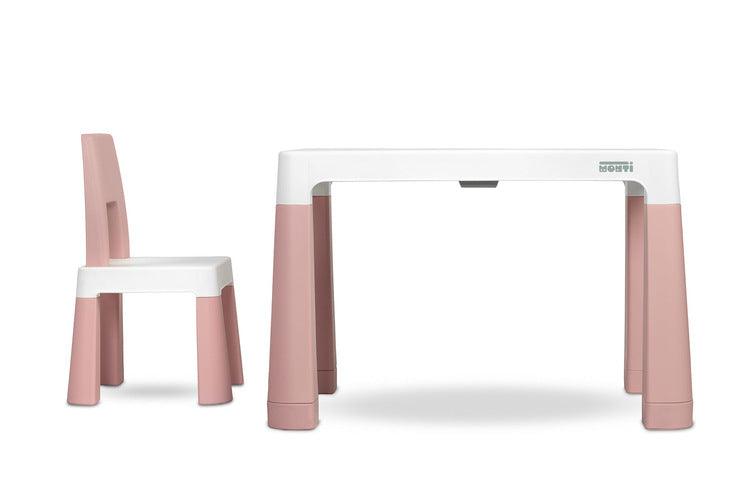 Monti is a versatile children's table with chairs. With its help, you can easily create a corner for artistic work or fun both at home and outdoors. The set is made of high-quality plastic - safe & resistant to various weather whims & wild games. The table & chairs are light, the child can carry them by himself. Thanks to the simple design, Monti can be easily assembled - just press the elements together. The table has 2 drawers that hide under the tabletop, it is also possible to lower the height by 6 cm.