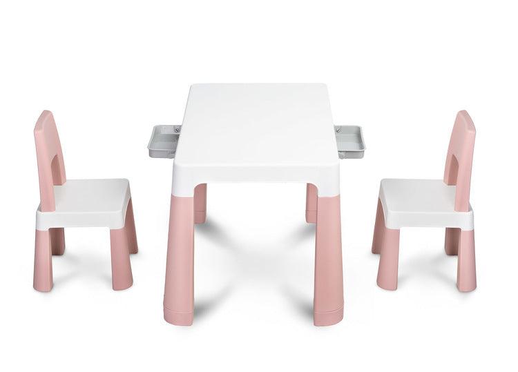 Monti is a versatile children's table with chairs. With its help, you can easily create a corner for artistic work or fun both at home and outdoors. The set is made of high-quality plastic - safe & resistant to various weather whims & wild games. The table & chairs are light, the child can carry them by himself. Thanks to the simple design, Monti can be easily assembled - just press the elements together. The table has 2 drawers that hide under the tabletop, it is also possible to lower the height by 6 cm.