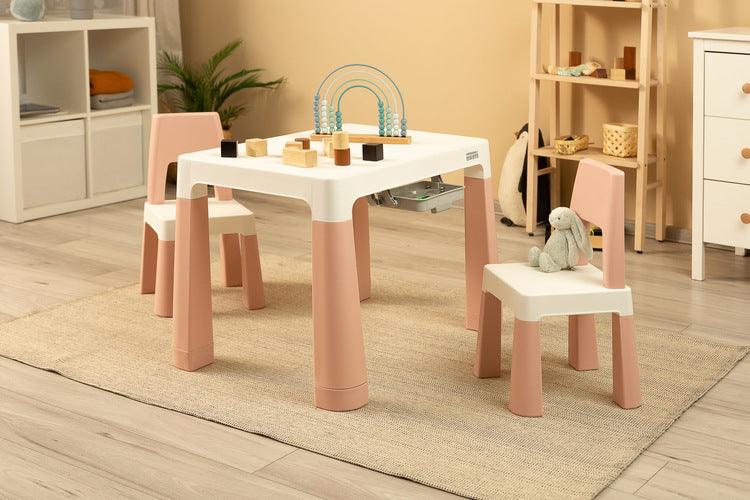 Monti is a versatile children's table with chairs. With its help, you can easily create a corner for artistic work or fun both at home and outdoors. The set is made of high-quality plastic - safe & resistant to various weather whims & wild games. The table & chairs are light, the child can carry them by himself. Thanks to the simple design, Monti can be easily assembled - just press the elements together. The table has 2 drawers that hide under the tabletop, it is also possible to lower the height by 6 cm.