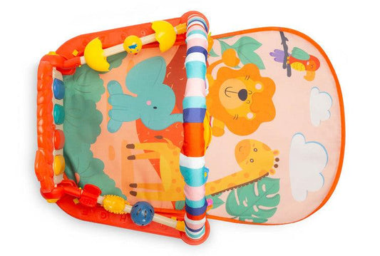 Educational ZOO Mat is a product designed for children who love to play while lying down. The mat is equipped with a headband with rattles in the shape of friendly animals hung on it and a mirror that will delight the baby. A multimedia panel with large buttons will make the fun more enjoyable, and the sensory toys mounted on the sides will help in the child's development. The toy is suitable for children from the first moments of life.