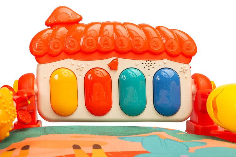 Educational ZOO Mat is a product designed for children who love to play while lying down. The mat is equipped with a headband with rattles in the shape of friendly animals hung on it and a mirror that will delight the baby. A multimedia panel with large buttons will make the fun more enjoyable, and the sensory toys mounted on the sides will help in the child's development. The toy is suitable for children from the first moments of life.