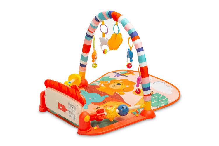 Educational ZOO Mat is a product designed for children who love to play while lying down. The mat is equipped with a headband with rattles in the shape of friendly animals hung on it and a mirror that will delight the baby. A multimedia panel with large buttons will make the fun more enjoyable, and the sensory toys mounted on the sides will help in the child's development. The toy is suitable for children from the first moments of life.