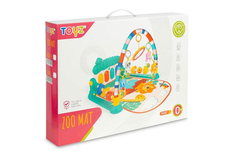 Educational ZOO Mat is a product designed for children who love to play while lying down. The mat is equipped with a headband with rattles in the shape of friendly animals hung on it and a mirror that will delight the baby. A multimedia panel with large buttons will make the fun more enjoyable, and the sensory toys mounted on the sides will help in the child's development. The toy is suitable for children from the first moments of life.