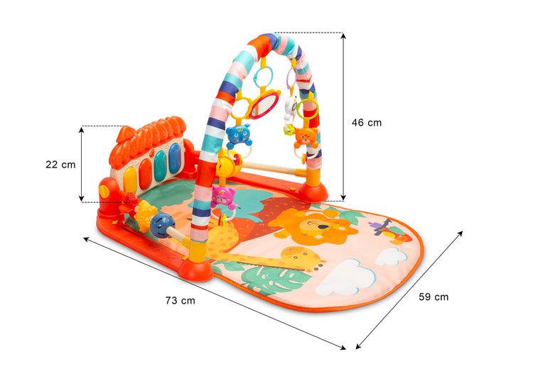 Educational ZOO Mat is a product designed for children who love to play while lying down. The mat is equipped with a headband with rattles in the shape of friendly animals hung on it and a mirror that will delight the baby. A multimedia panel with large buttons will make the fun more enjoyable, and the sensory toys mounted on the sides will help in the child's development. The toy is suitable for children from the first moments of life.