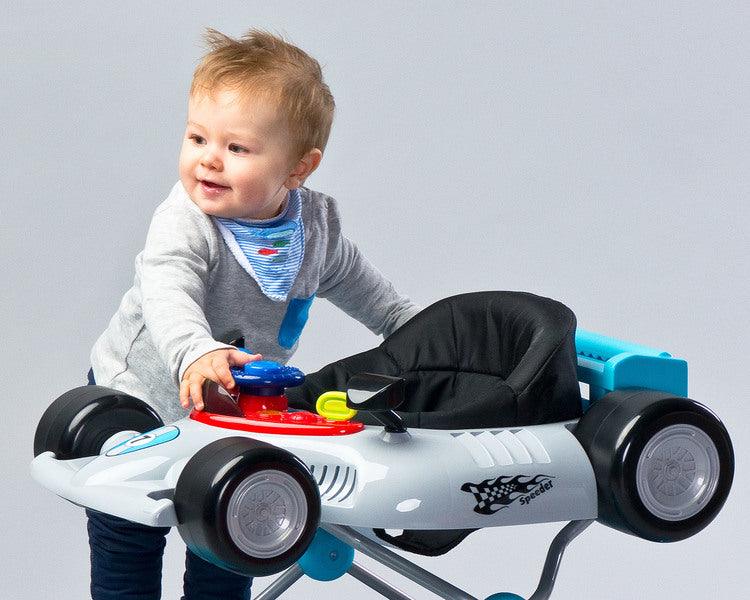 Speeder will make your baby feel like a true Formula 1 racer, safely driving through the circuits of your house, learning some moves and exploring new locations. A comfortable ride will be esured by a profiled seat and stiffened backrest, while the interactive panel will charm your baby with its lights and sounds during pit-stops.