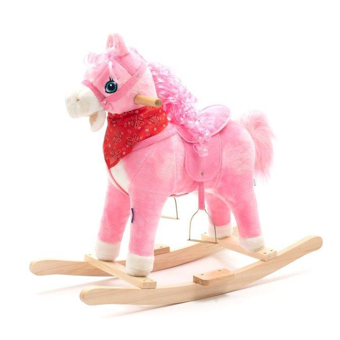 The beautiful rocking horse IS designed for children who like adventures. A comfortable saddle, halter, stirrups, wooden handles and skids will ensure comfort & safety during carefree rocking. The horse is decorated with a beautiful scarf. When you press the ears, sound of a galloping horse, wagging its tail, moving its mouth or singing a song. While playing, the baby must coordinate its movements with the horse, which stimulates its coordination, develops imagination and improves the sense of balance.