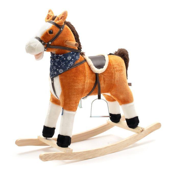 The beautiful rocking horse IS designed for children who like adventures. A comfortable saddle, halter, stirrups, wooden handles and skids will ensure comfort & safety during carefree rocking. The horse is decorated with a beautiful scarf. When you press the ears, sound of a galloping horse, wagging its tail, moving its mouth or singing a song. While playing, the baby must coordinate its movements with the horse, which stimulates its coordination, develops imagination and improves the sense of balance.