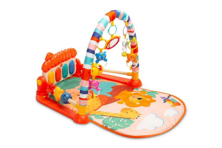 Educational ZOO Mat is a product designed for children who love to play while lying down. The mat is equipped with a headband with rattles in the shape of friendly animals hung on it and a mirror that will delight the baby. A multimedia panel with large buttons will make the fun more enjoyable, and the sensory toys mounted on the sides will help in the child's development. The toy is suitable for children from the first moments of life.