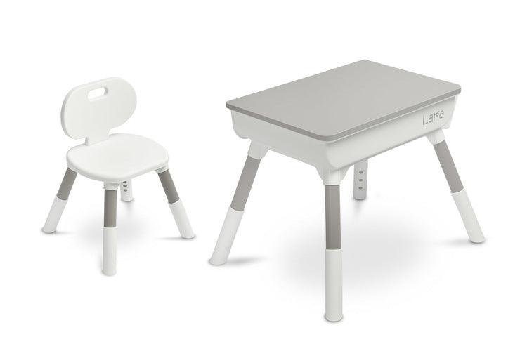 Lara is a table with a chair that will work as a first desk for a toddler. The table provides a place for creative play and learning for children aged 3 and over. The solid construction guarantees safety and comfort during everyday activities. The table is equipped with two recesses under the table top, providing enough space for storing toys and school supplies. The height of the recesses is 9 cm, which facilitates access to stored items.
