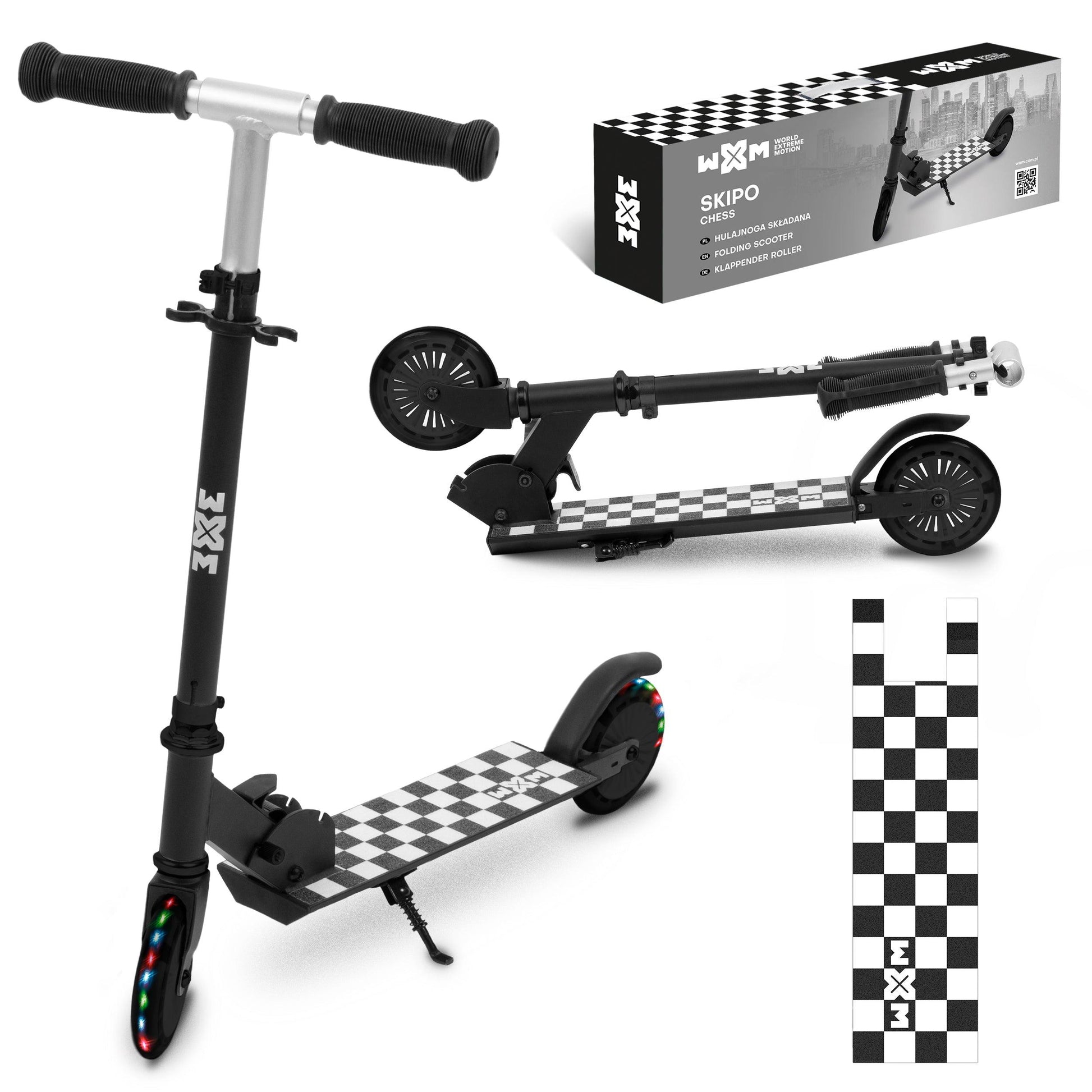 If your child has already mastered riding a 3 wheel scooter, it's time to switch to a model with 2 wheel kick scooter. For starters, the SKIPO folding scooter will be perfect .Durable construction & comfort of use. The deck and handlebar of the SKIPO scooter are made of  aluminum  , which makes the structure light and durable. The T-shaped steering wheel has foldable handles that can be easily detached from the steering wheel and placed in special holders.