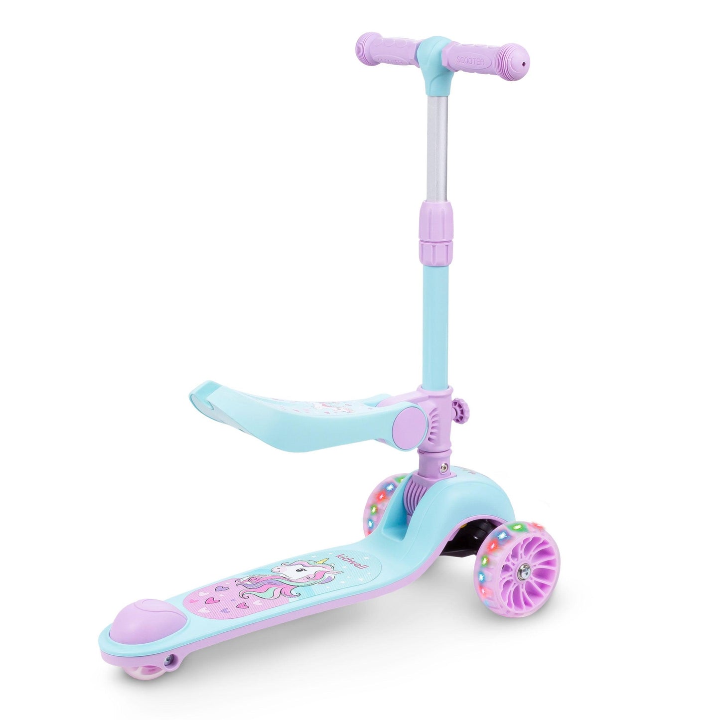 Riding the Rimba 2in1 3 wheel scooter is a fantastic idea for spending free time actively. A stable and safe scooter will give your child a lot of joy and great fun. A drop-down seat can instantly turn a scooter into a ride-on. This is an ideal option for the youngest who are starting their adventure with vehicles. A convenient function change mechanism allows you to quickly transform the ride-on into a scooter without the use of tools.