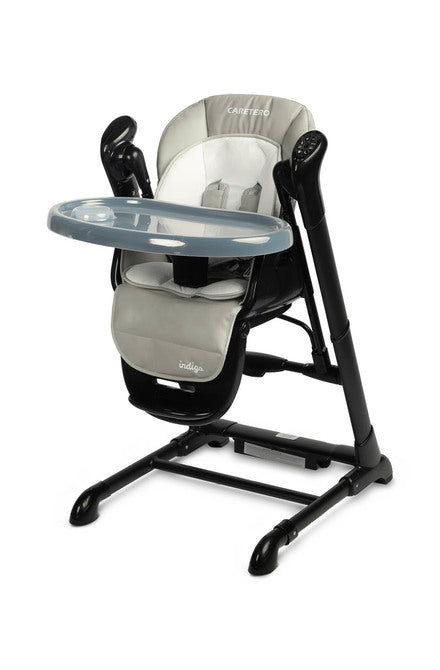 INDIGO is 2-in-1 baby & infant feeding high chair & electric swing. The swing is for newborn baby, weighing up to 9 kg. High chair is for feeding children aged 6 months to 3-4 years, maximum weight 15 kg.
