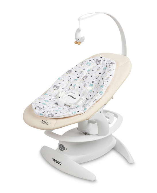 An electric baby rocker Noco featuring a bar and melodies, designed for babies and infants. The rocker have a graphite seat with a patterned fabric, white frame, and a variety of controls and accessories, such as a safety bar and sensory toy.