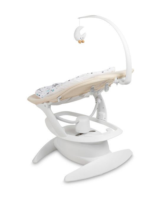 An electric baby rocker Noco featuring a bar and melodies, designed for babies and infants. The rocker have a graphite seat with a patterned fabric, white frame, and a variety of controls and accessories, such as a safety bar and sensory toy.