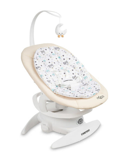 An electric baby rocker Noco featuring a bar and melodies, designed for babies and infants. The rocker have a graphite seat with a patterned fabric, white frame, and a variety of controls and accessories, such as a safety bar and sensory toy.