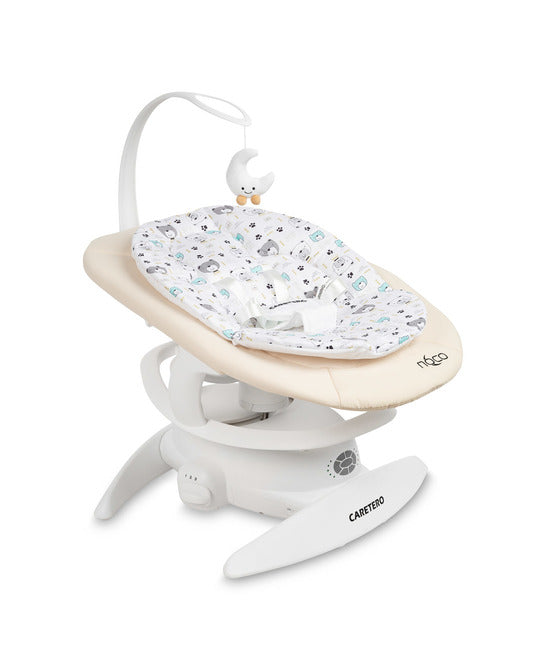 An electric baby rocker Noco featuring a bar and melodies, designed for babies and infants. The rocker have a graphite seat with a patterned fabric, white frame, and a variety of controls and accessories, such as a safety bar and sensory toy.