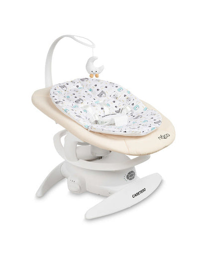 An electric baby rocker Noco featuring a bar and melodies, designed for babies and infants. The rocker have a graphite seat with a patterned fabric, white frame, and a variety of controls and accessories, such as a safety bar and sensory toy.