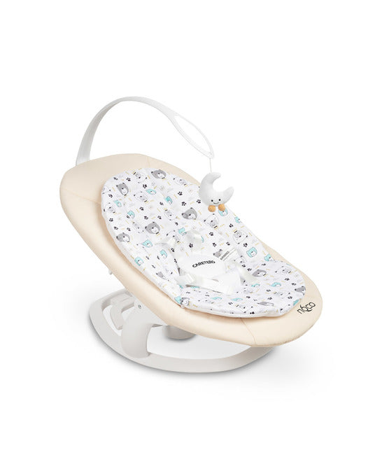 An electric baby rocker Noco featuring a bar and melodies, designed for babies and infants. The rocker have a graphite seat with a patterned fabric, white frame, and a variety of controls and accessories, such as a safety bar and sensory toy.