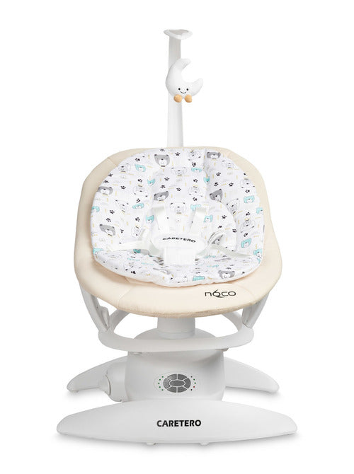 An electric baby rocker Noco featuring a bar and melodies, designed for babies and infants. The rocker have a graphite seat with a patterned fabric, white frame, and a variety of controls and accessories, such as a safety bar and sensory toy.