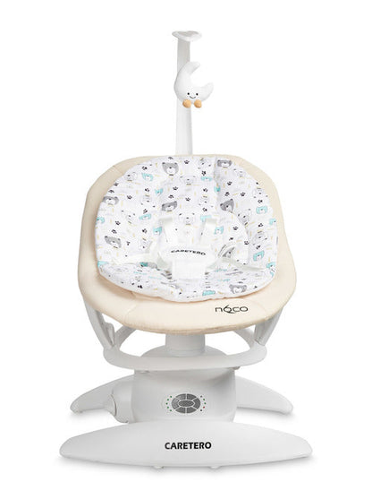 An electric baby rocker Noco featuring a bar and melodies, designed for babies and infants. The rocker have a graphite seat with a patterned fabric, white frame, and a variety of controls and accessories, such as a safety bar and sensory toy.