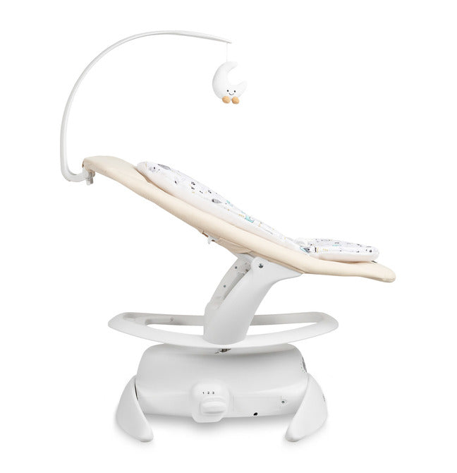 An electric baby rocker Noco featuring a bar and melodies, designed for babies and infants. The rocker have a graphite seat with a patterned fabric, white frame, and a variety of controls and accessories, such as a safety bar and sensory toy.