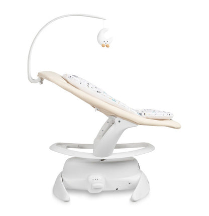 An electric baby rocker Noco featuring a bar and melodies, designed for babies and infants. The rocker have a graphite seat with a patterned fabric, white frame, and a variety of controls and accessories, such as a safety bar and sensory toy.