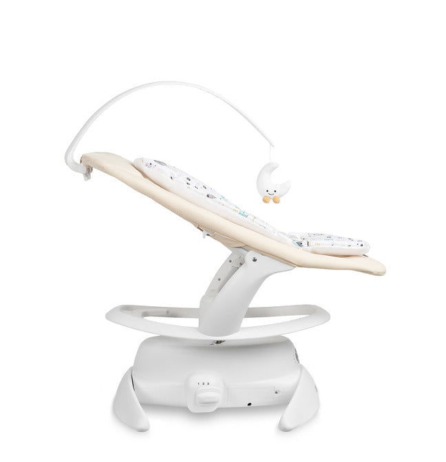 An electric baby rocker Noco featuring a bar and melodies, designed for babies and infants. The rocker have a graphite seat with a patterned fabric, white frame, and a variety of controls and accessories, such as a safety bar and sensory toy.