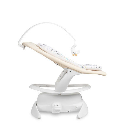 An electric baby rocker Noco featuring a bar and melodies, designed for babies and infants. The rocker have a graphite seat with a patterned fabric, white frame, and a variety of controls and accessories, such as a safety bar and sensory toy.