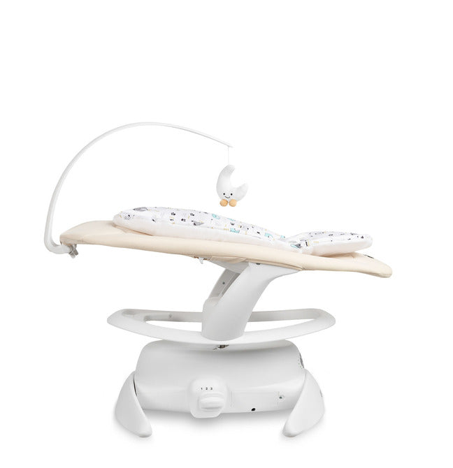An electric baby rocker Noco featuring a bar and melodies, designed for babies and infants. The rocker have a graphite seat with a patterned fabric, white frame, and a variety of controls and accessories, such as a safety bar and sensory toy.