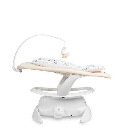 An electric baby rocker Noco featuring a bar and melodies, designed for babies and infants. The rocker have a graphite seat with a patterned fabric, white frame, and a variety of controls and accessories, such as a safety bar and sensory toy.