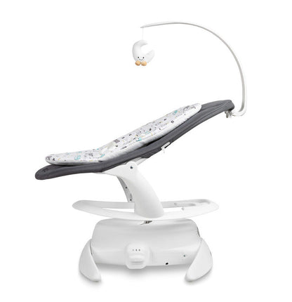 An electric baby rocker Noco featuring a bar and melodies, designed for babies and infants. The rocker have a graphite seat with a patterned fabric, white frame, and a variety of controls and accessories, such as a safety bar and sensory toy.